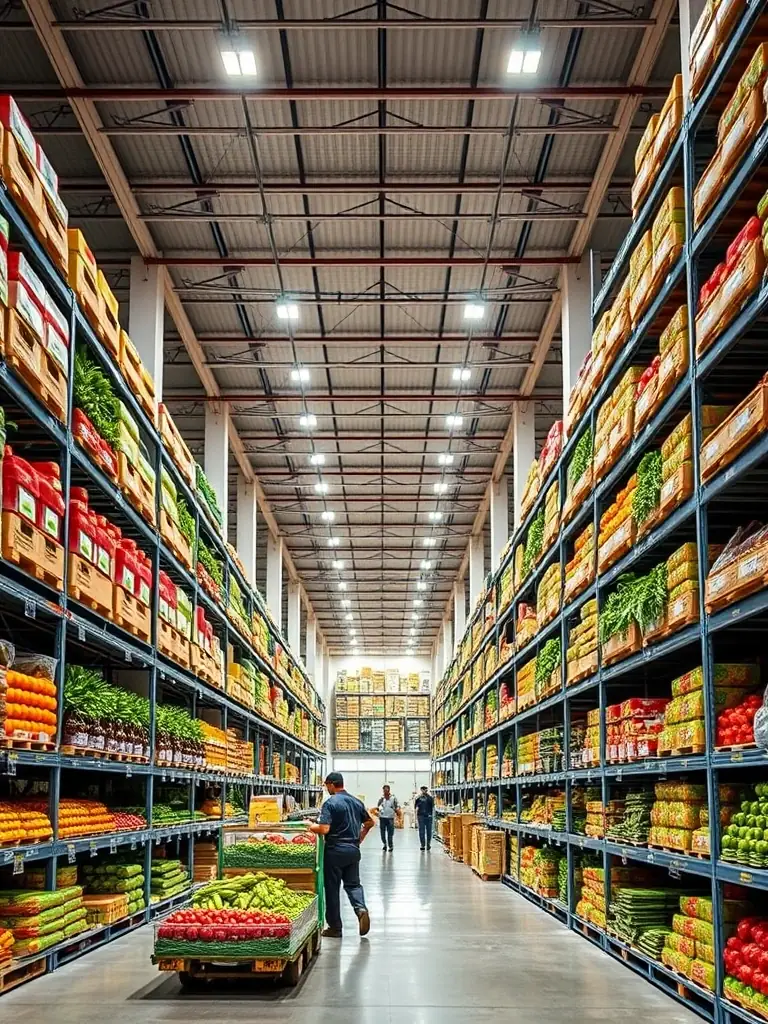 A modern warehouse in the UAE, showcasing More Yummi Brands' strategic location as a hub for efficient distribution of fresh produce.