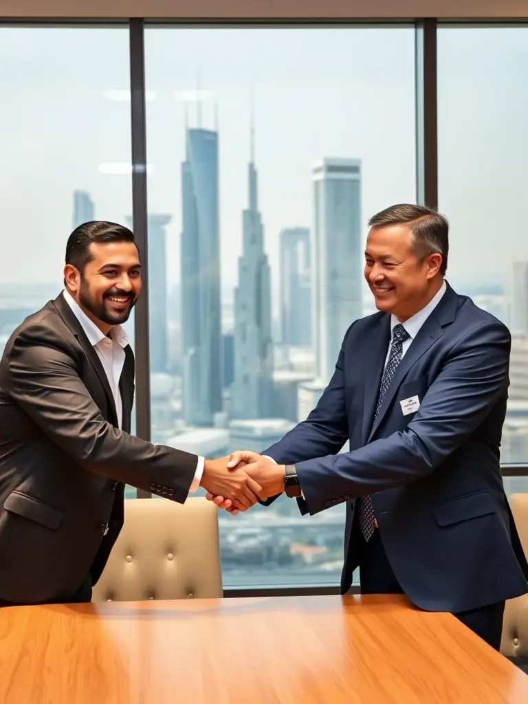 A professional photo of a More Yummi Brands representative shaking hands with a client, symbolizing the final delivery and satisfaction.