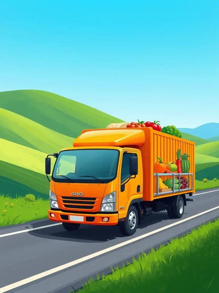 A digital illustration of a truck transporting fresh produce, emphasizing the logistics and transportation phase of More Yummi Brands.