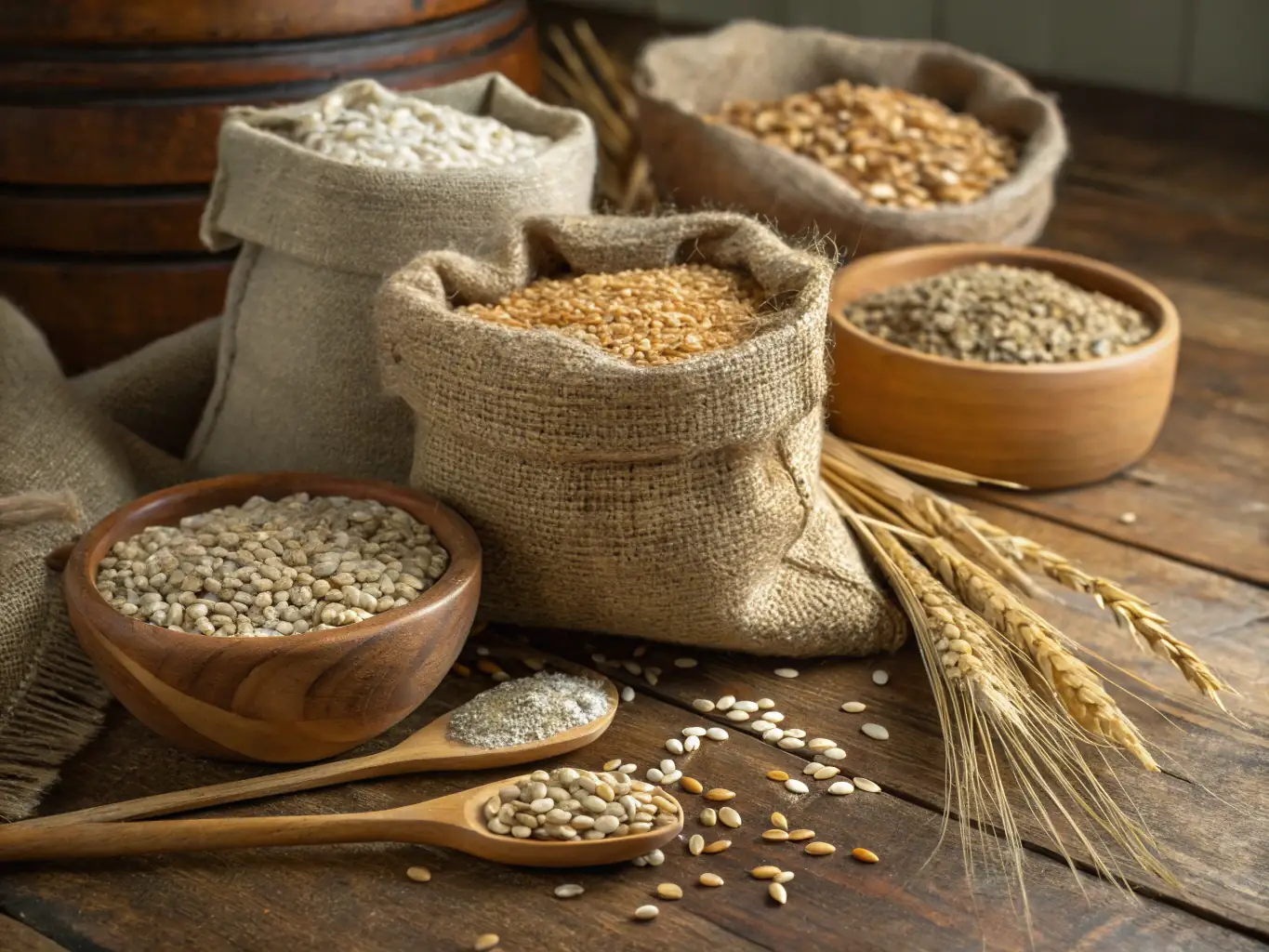 A rustic display of various grains and cereals in containers, showcasing their natural texture and nutritional value.