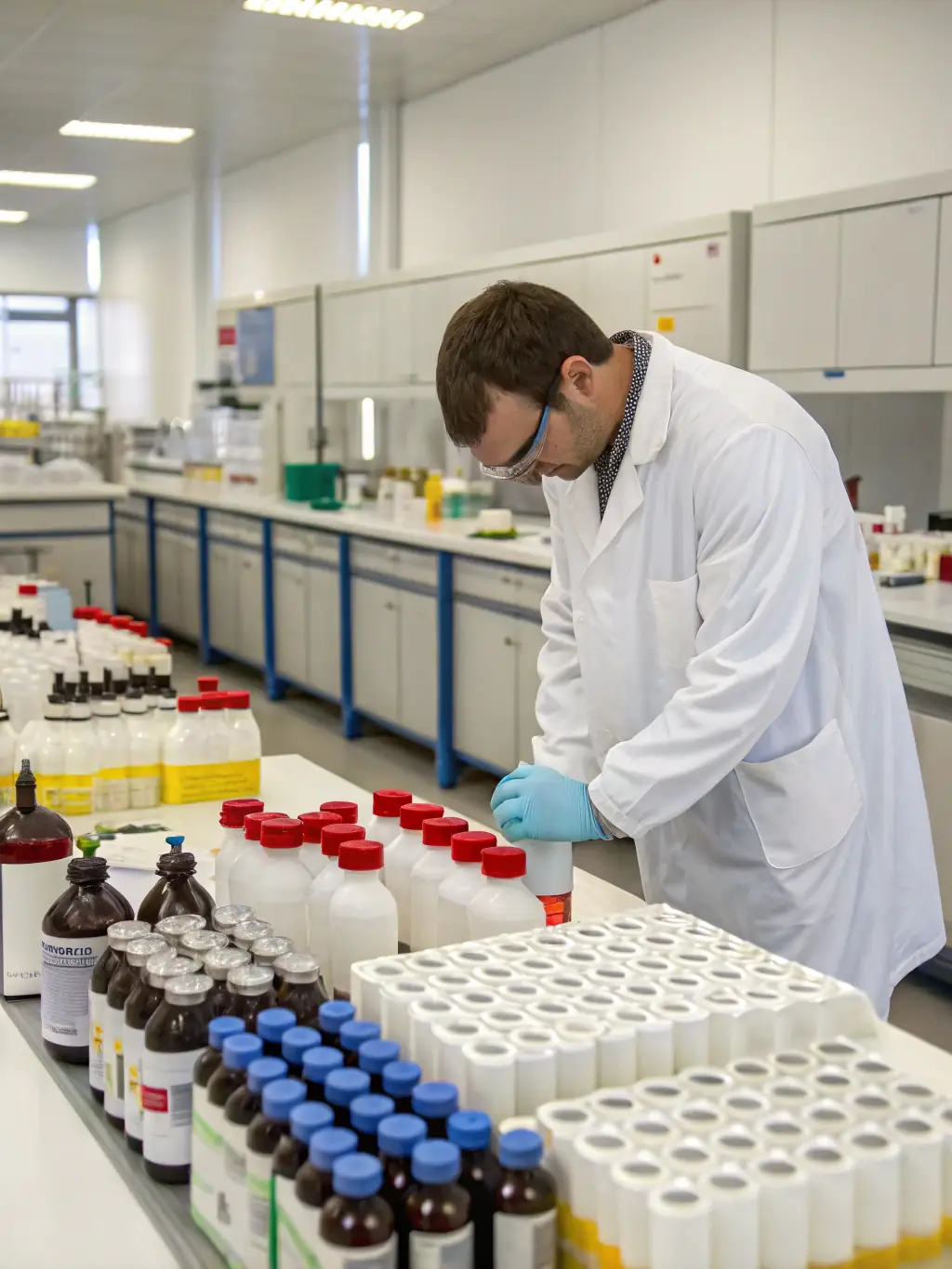 A laboratory setting with technicians in lab coats inspecting fresh produce, emphasizing More Yummi Brands' commitment to ISO quality control standards.