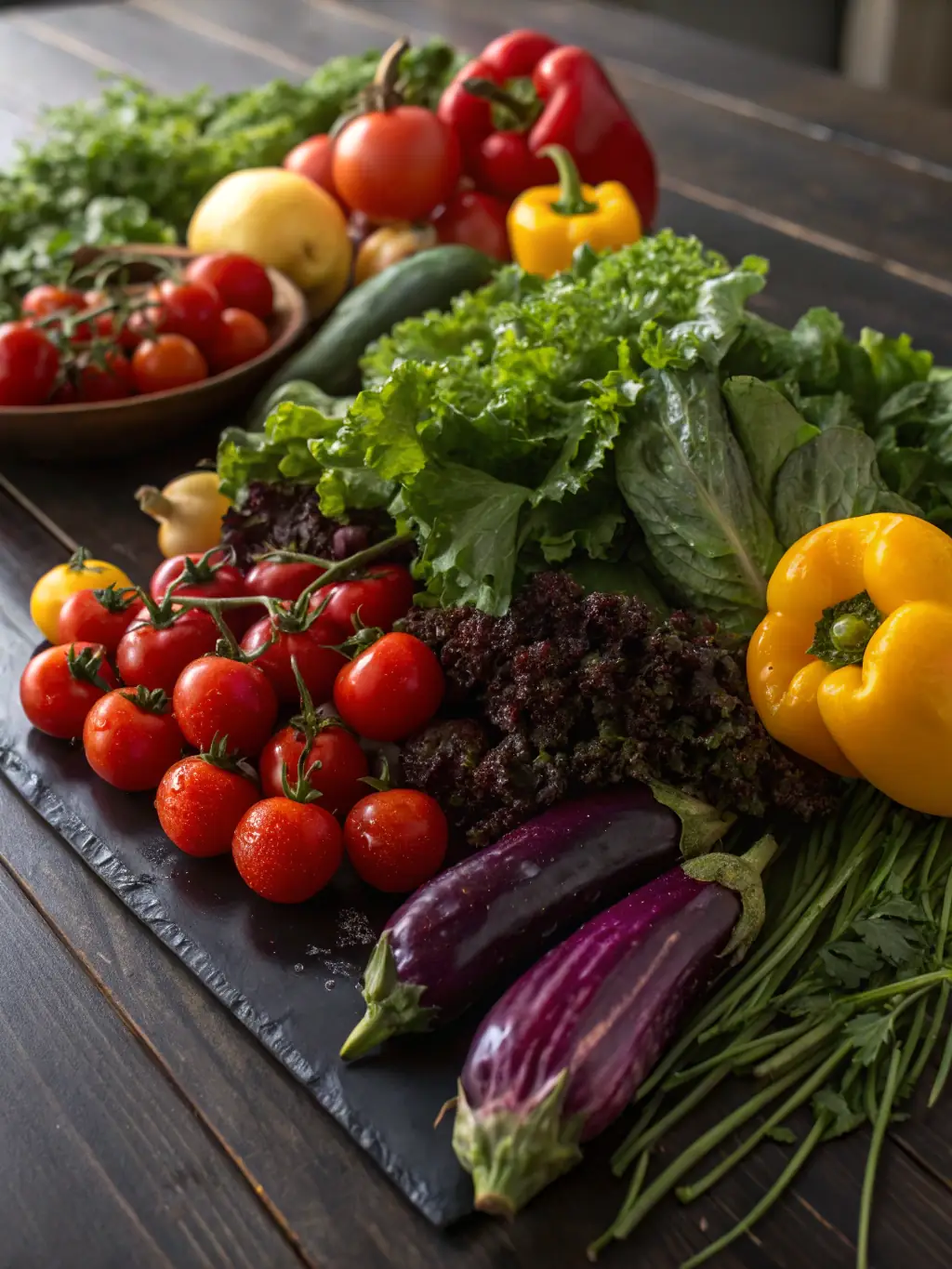 A vibrant, close-up shot of a variety of fresh, colorful vegetables like bell peppers, tomatoes, cucumbers, and leafy greens, arranged artfully to showcase their freshness and appeal. The image should evoke a sense of health and vitality, suitable for promoting the 'Fresh Vegetables' category.