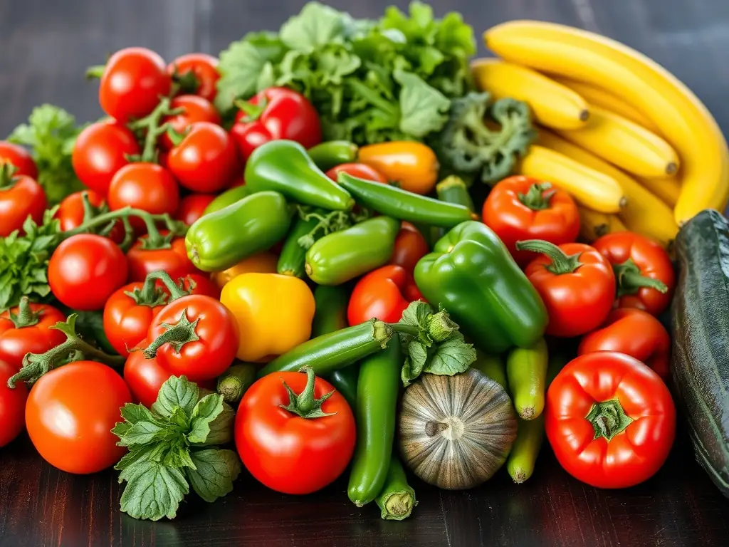 A vibrant and fresh display of various vegetables such as bell peppers, tomatoes, cucumbers, and leafy greens, arranged to showcase their freshness and variety.