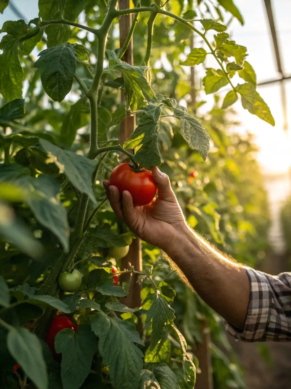 A photo of a farmer inspecting a field of ripe tomatoes, showcasing the initial quality check at the source for More Yummi Brands.