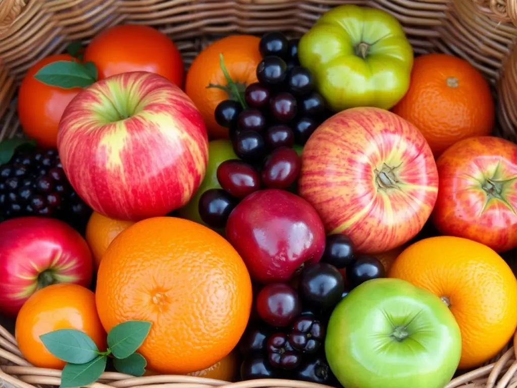 A colorful and appealing assortment of fresh fruits including apples, oranges, bananas, and berries, highlighting their ripeness and quality.
