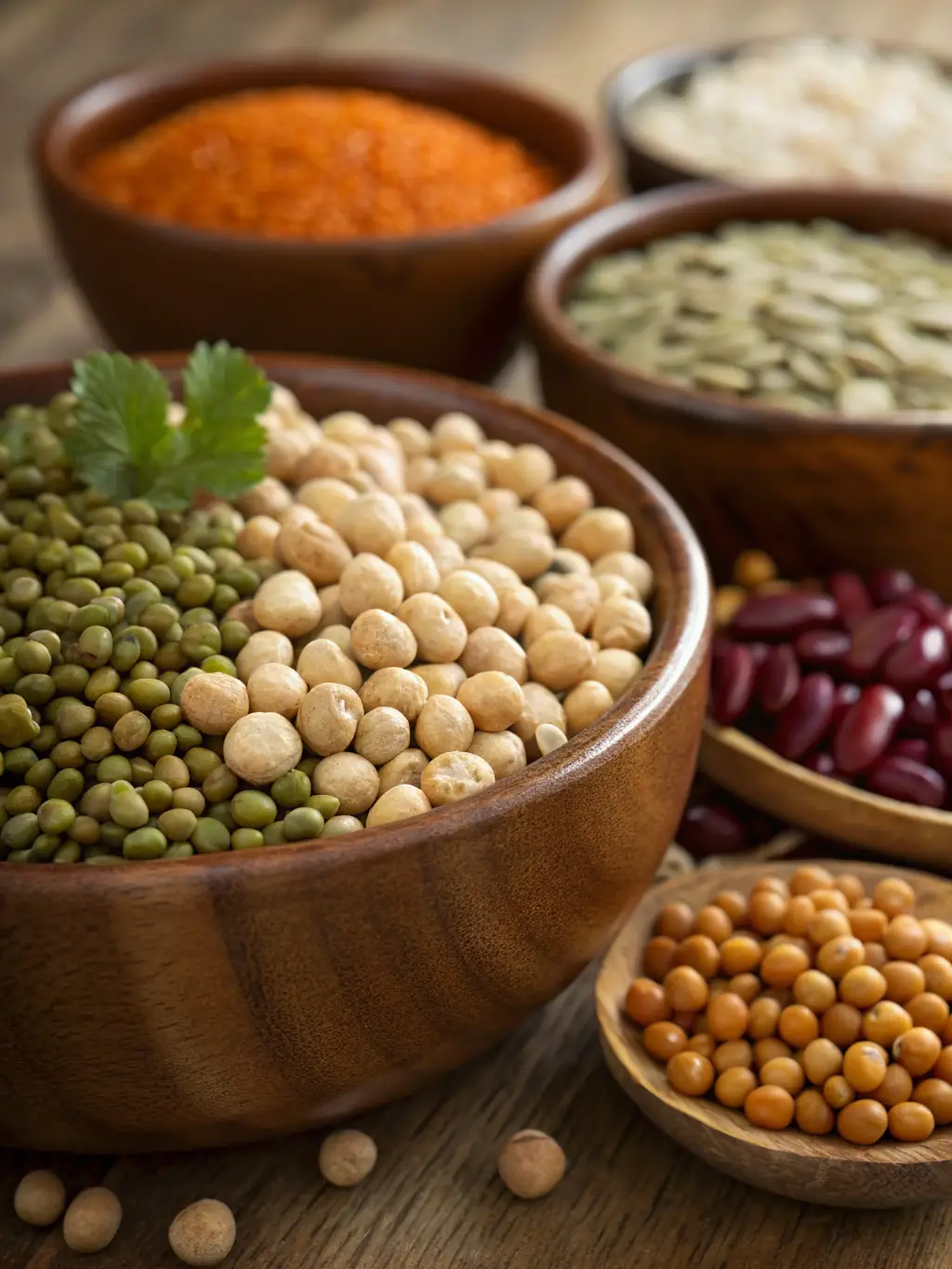 An inviting image featuring a variety of legumes, including lentils, chickpeas, beans, and peas, arranged to emphasize their texture and color. The image should convey the idea of protein-rich and nutritious food, suitable for the 'Legumes' category.